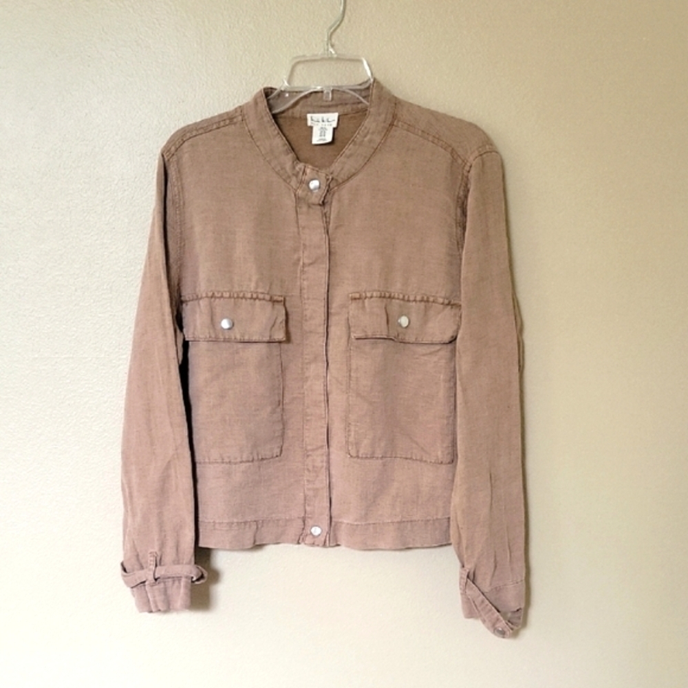 Nicole Miller Brown Neutral Linen Blend Snap Button Jacket - Size XL